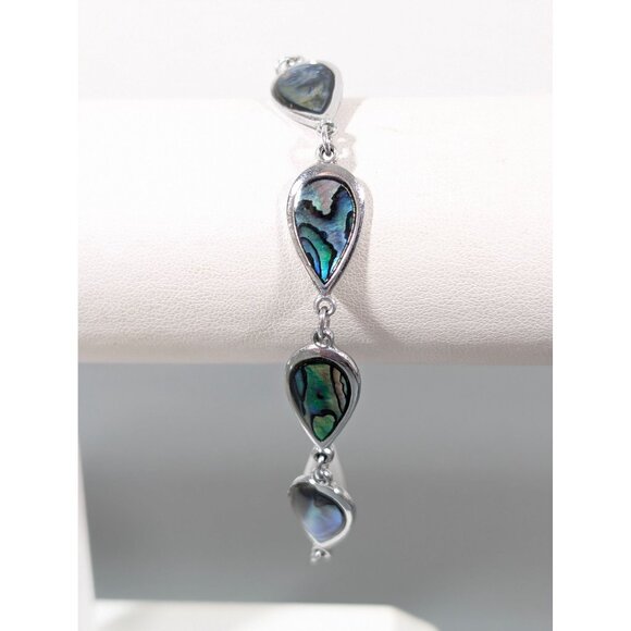 Beachy Coastal Blue Abalone Shell Teardrop Chain Bracelet Silver Tone 7" - Picture 1 of 6